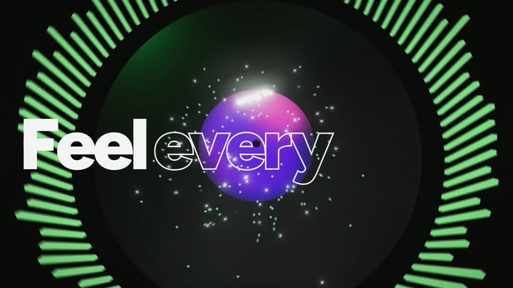 Vinyl record with a glowing EQ ring and the words Feel every