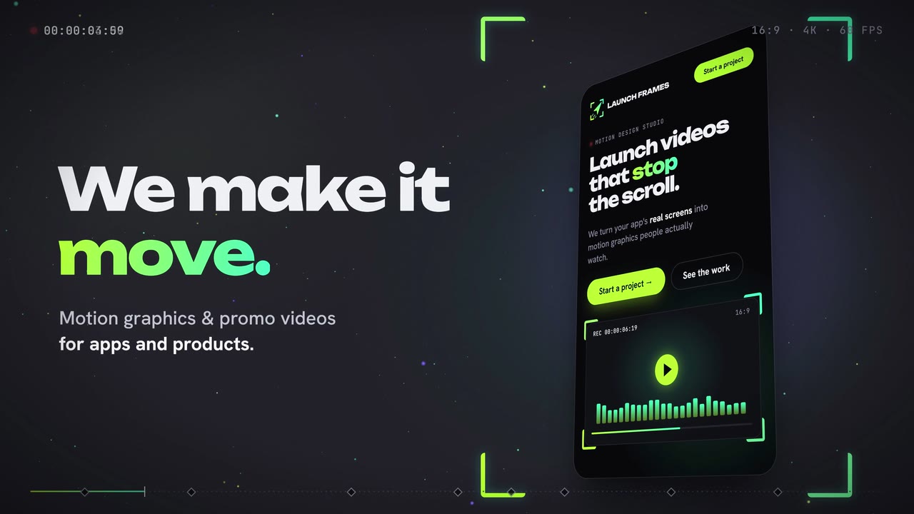 Our website on a phone splitting into 3D layers next to the words We make it move