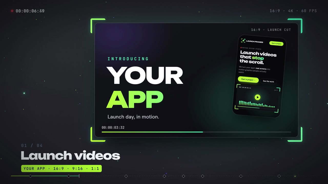 A launch video frame reading Introducing your app, with our website on a phone