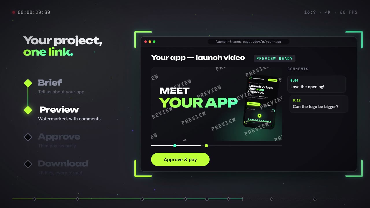 The Launch Frames client portal with a preview of your app and timecoded comments